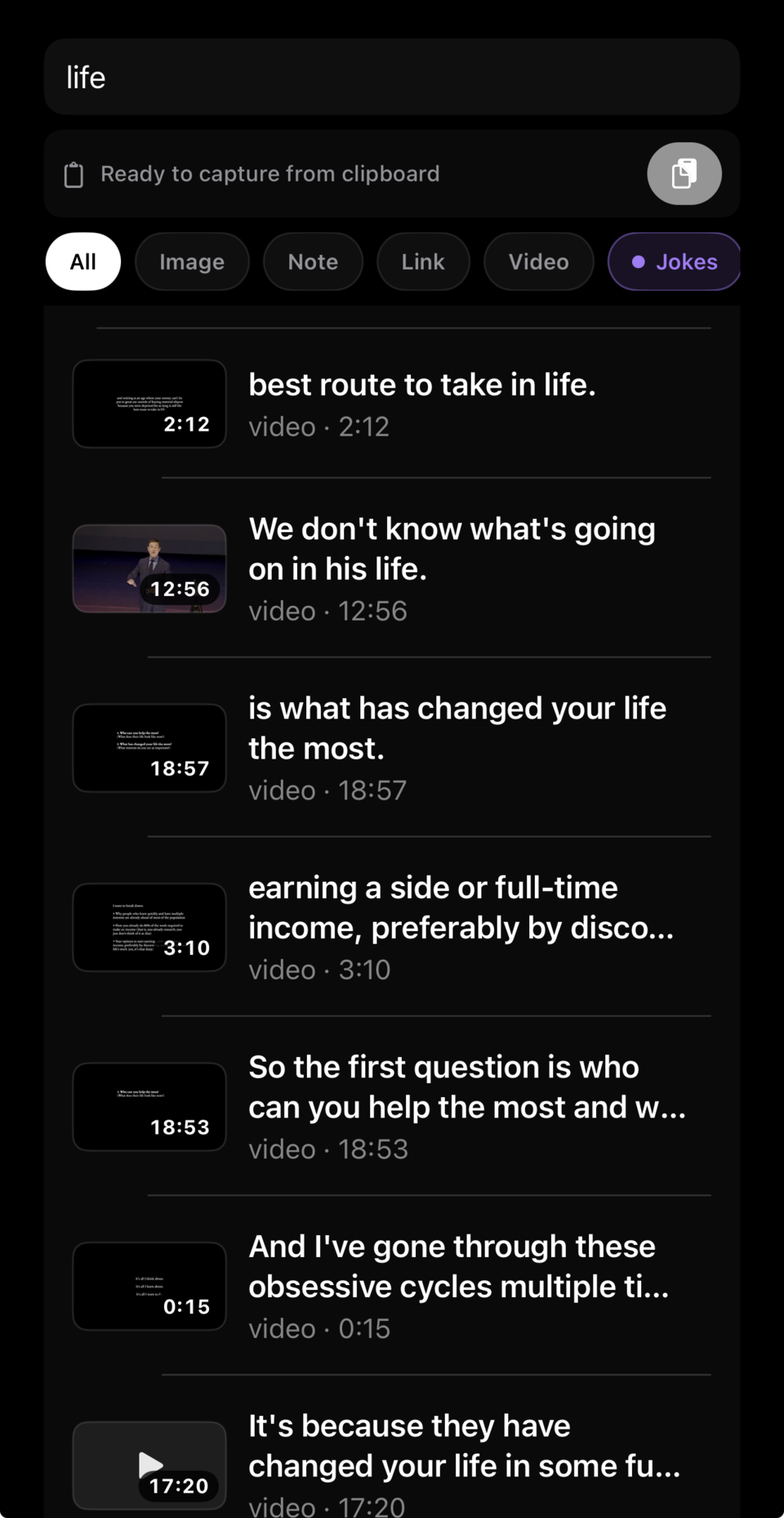 Mobile search results for life with matching video frames and timestamps