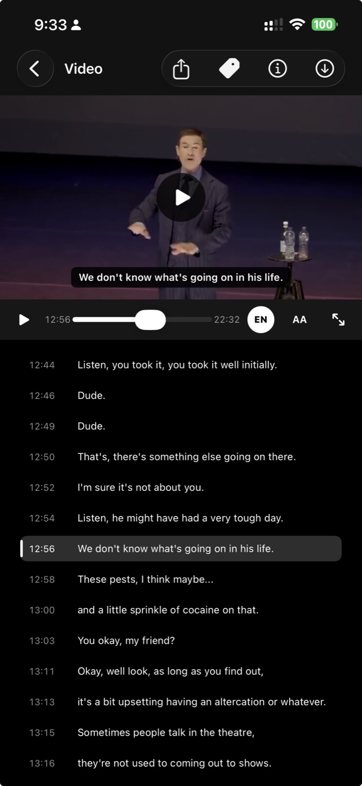 Mobile video player opened at 12:56 with the matching transcript line highlighted