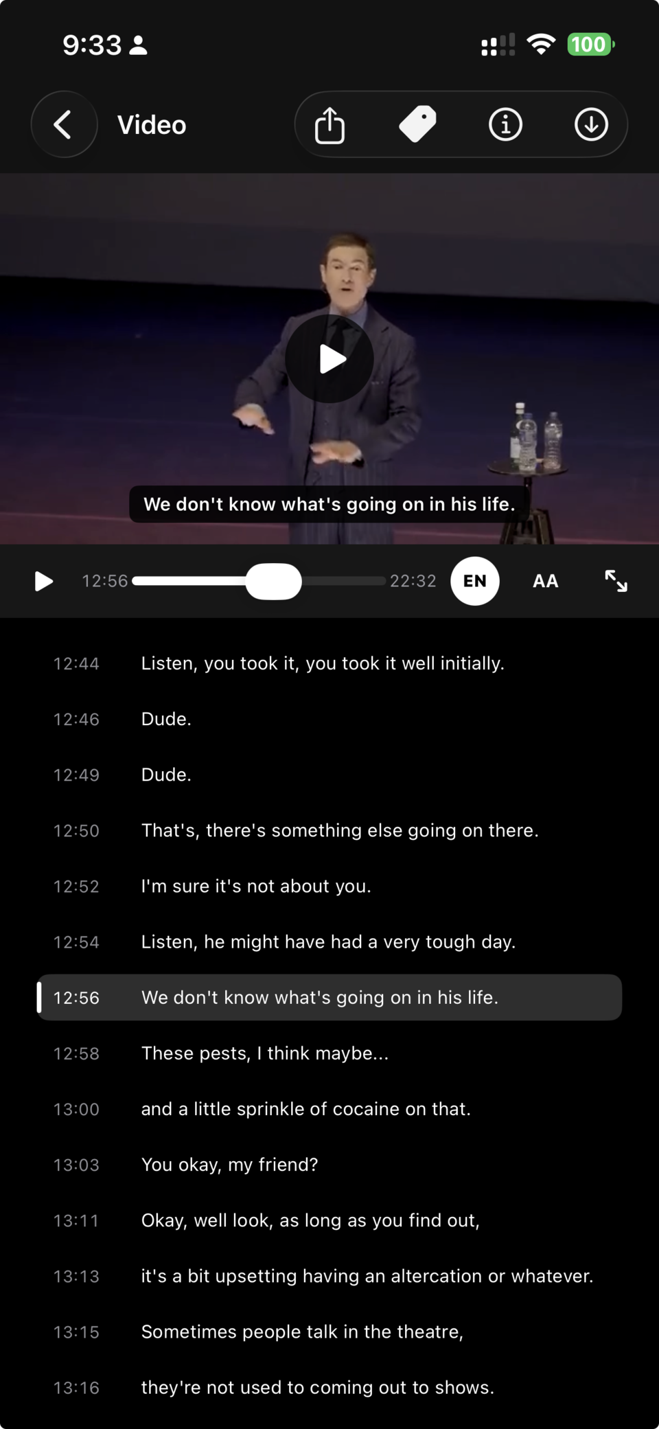 Mobile video player opened at 12:56 with the matching transcript line highlighted