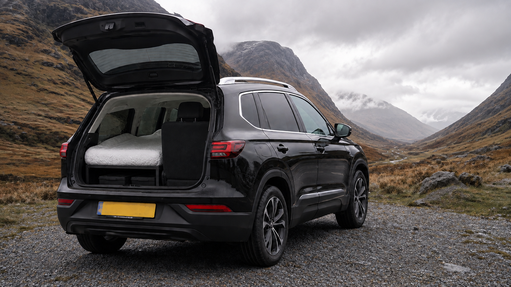 The SUV in the generated Scottish Highlands setting
