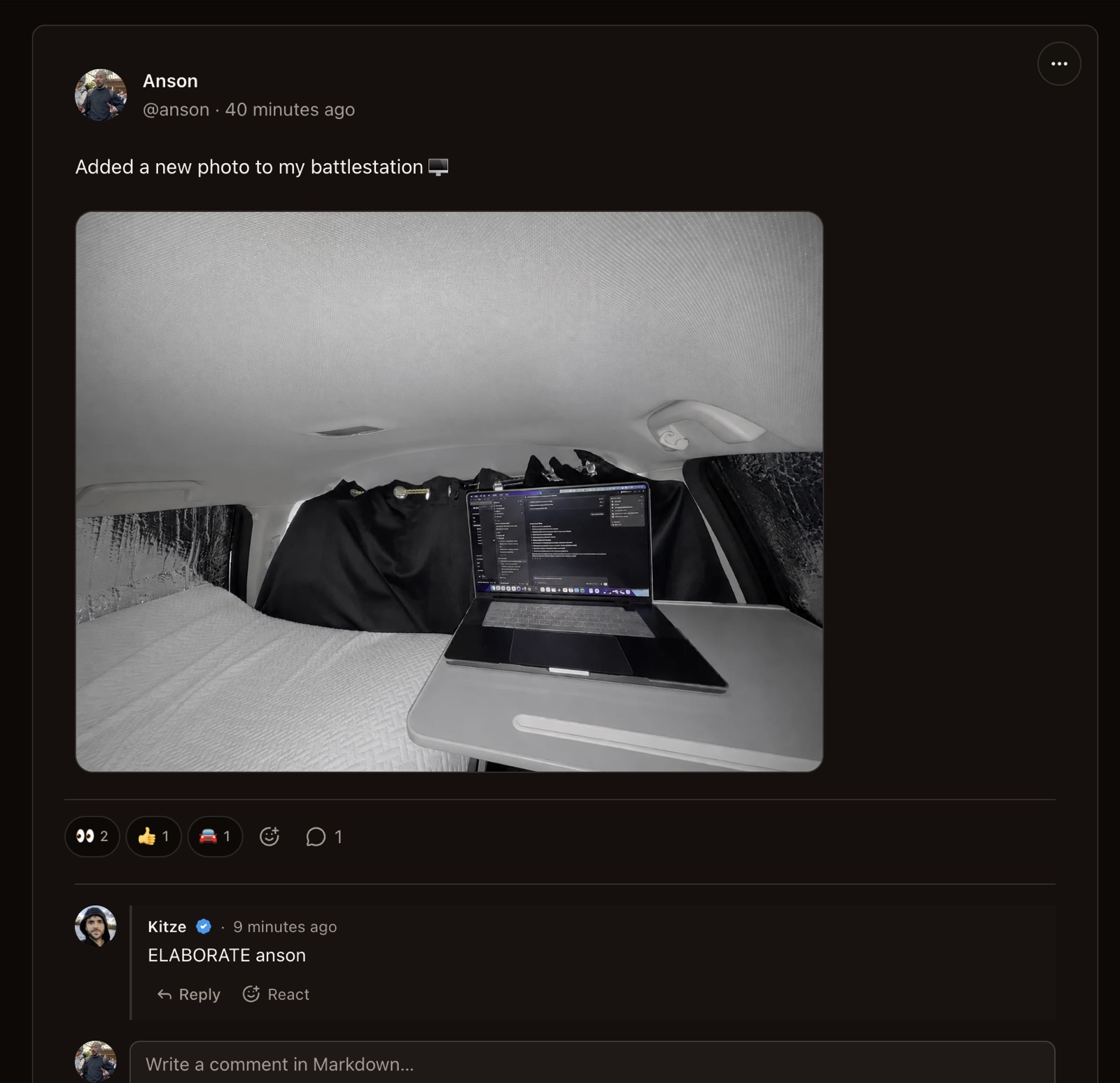 The original post showing my laptop inside the car and Kitze asking me to elaborate
