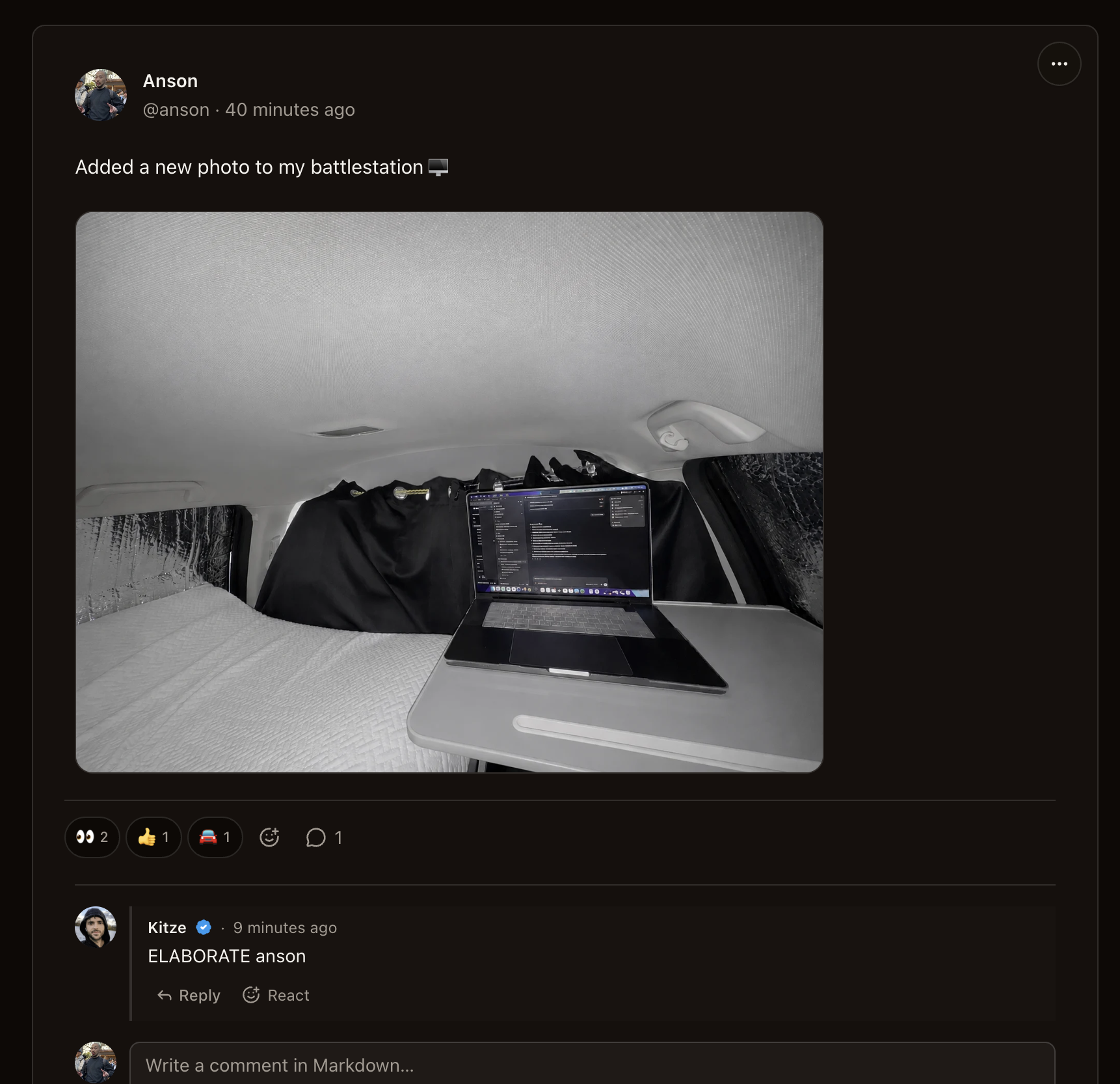 The original post showing my laptop inside the car and Kitze asking me to elaborate