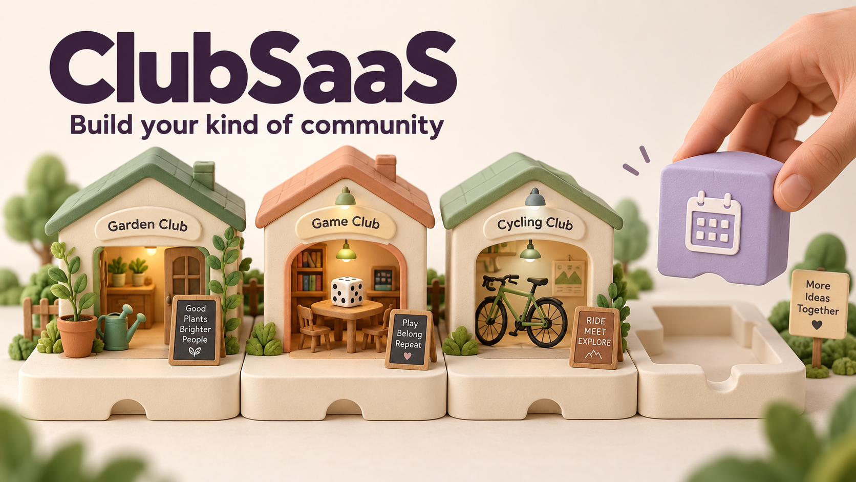 Modular gardening, gaming, and cycling clubhouses illustrate custom community features.