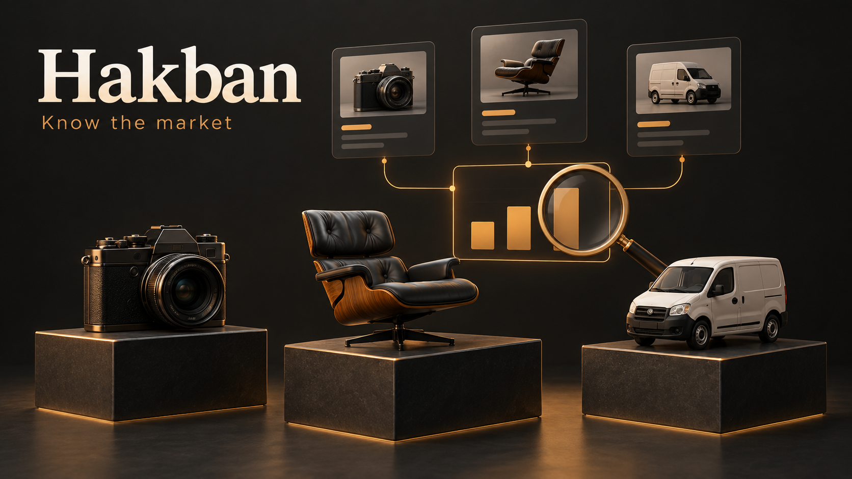 Hakban market research illustration with a camera, chair, and van connected to listing comparisons.