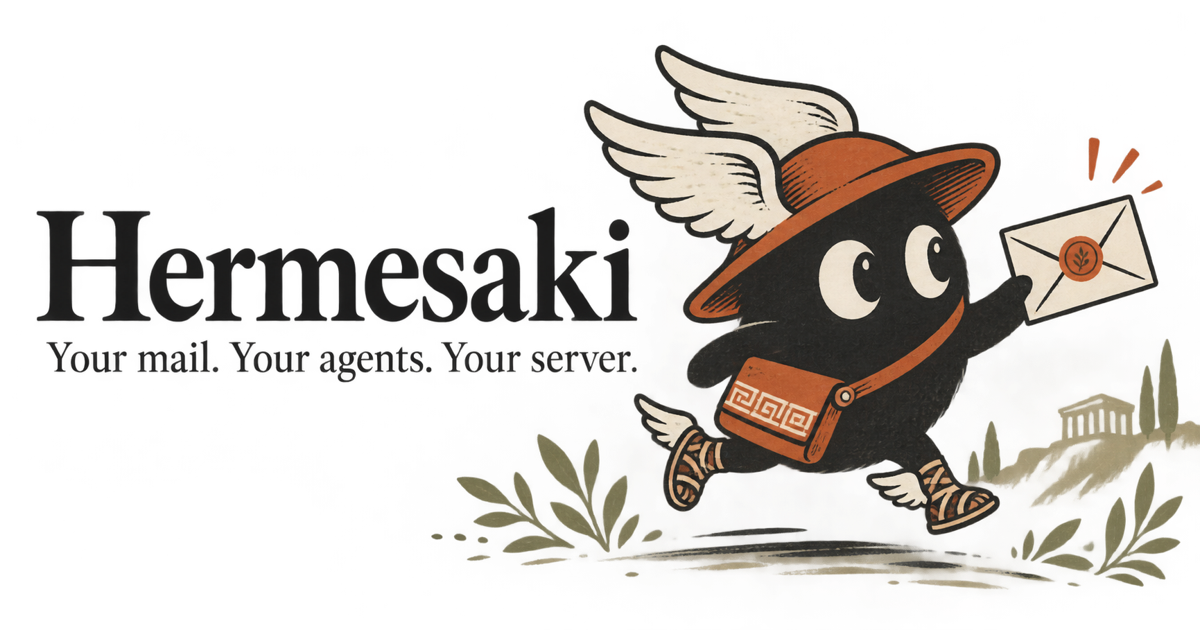 Hermesaki messenger mascot carrying a sealed envelope.