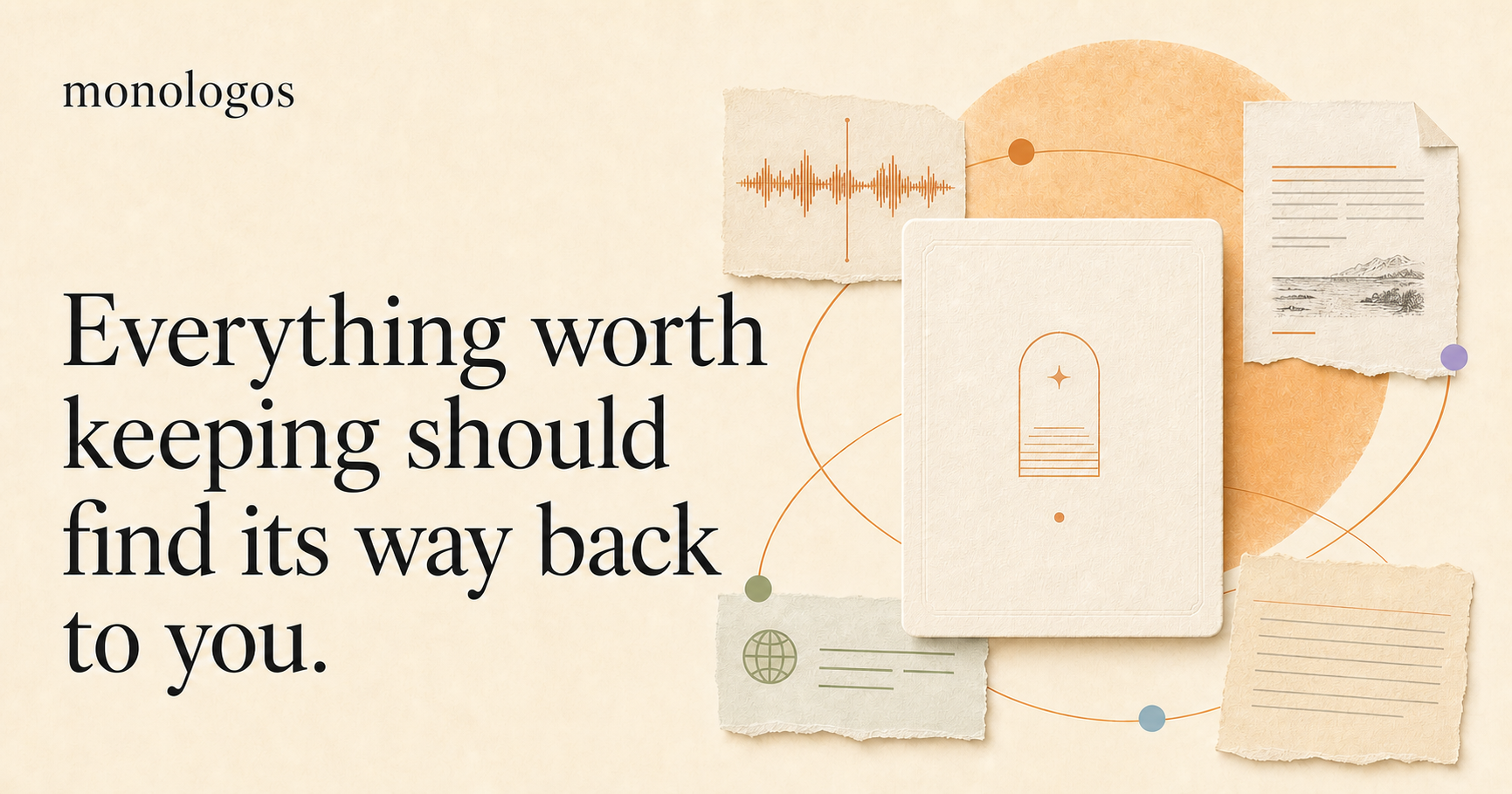 Monologos cover with notes, audio, and documents orbiting a personal archive.