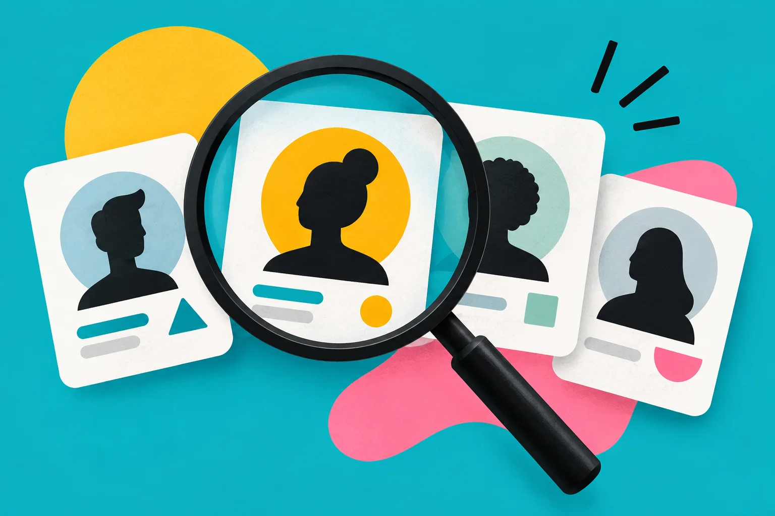 A magnifying glass highlights one candidate among profile cards.